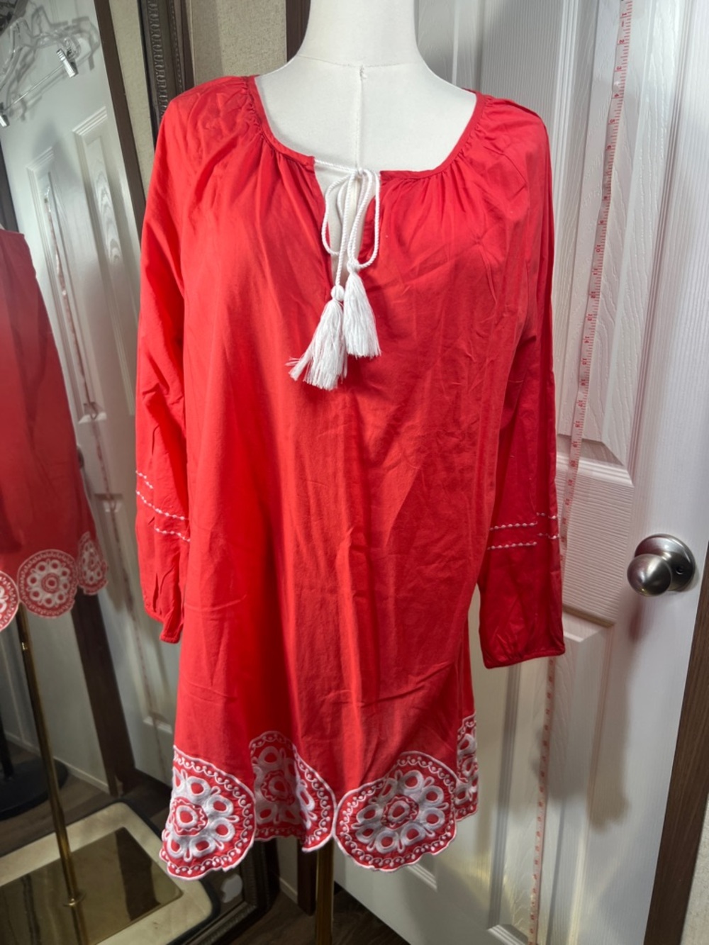 Mud Pie Coral Red Tunic Top with White Labeling